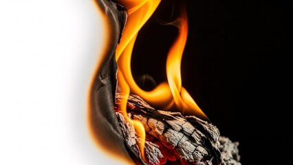 Dynamic close-up shot of white paper burning with vivid flames and charring on a dark background showing texture