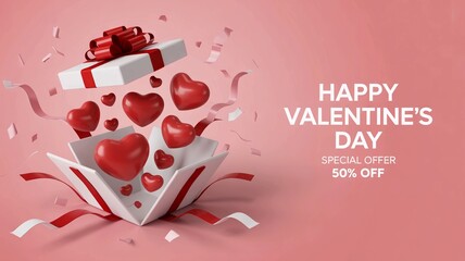 Valentine's day celebration with open gift box and red hearts on pink background with confetti