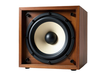 A close-up shot of a speaker inside a wooden box, ideal for music-themed designs or DIY projects.transparent background