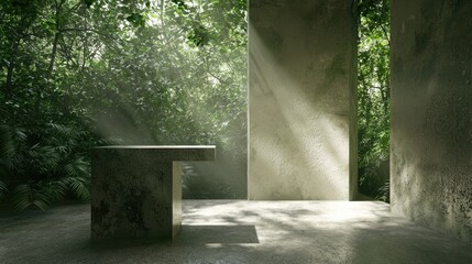 A concrete bench in a jungle setting.