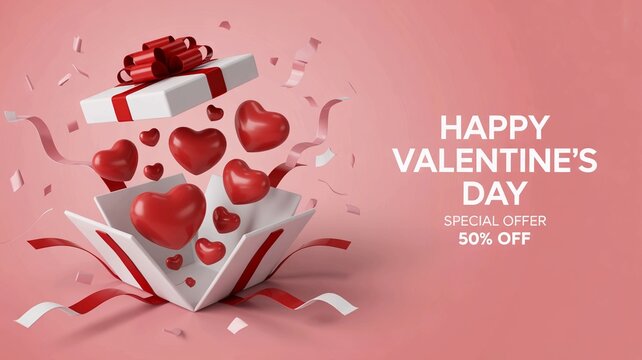 Valentine's day celebration with open gift box and red hearts on pink background with confetti - Powered by Adobe