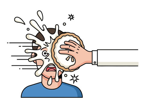 A person getting hit in the face with a pie in a comedic illustration