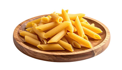Close-up of uncooked penne pasta arranged on a wooden plate against a dark background, highlighting texture and form