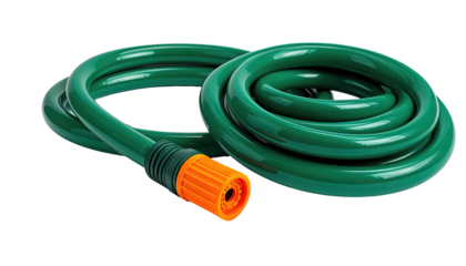 Green garden hose is coiled, ready for use, with an orange nozzle. Solid black background contrasts with the garden supply