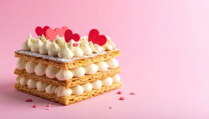 Elegant layered pastry dessert adorned with sweet cream and romantic heart decorations.