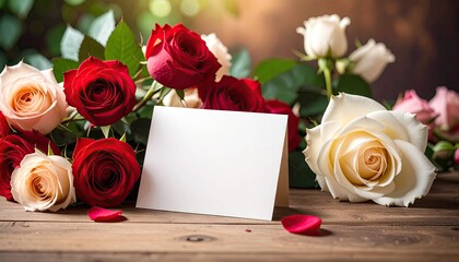 Elegant bouquet of red and white roses with blank greeting card on rustic wooden table.