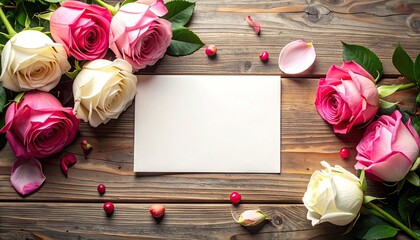Beautiful arrangement of pink and white roses with blank card on rustic wood background.