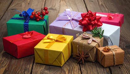 Assortment of colorful wrapped gift boxes tied with ribbons on rustic wooden table.