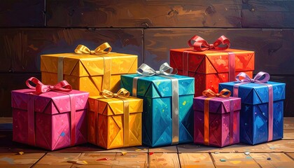 Assortment of colorful wrapped gift boxes with ribbons and bows on a wooden background.