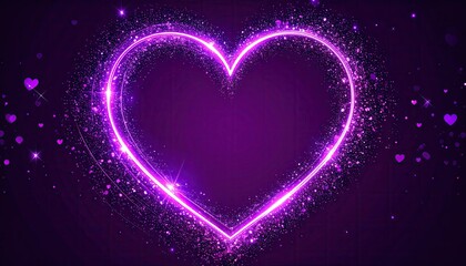 Vibrant glowing neon heart shape with sparkling particles on a dark purple background.