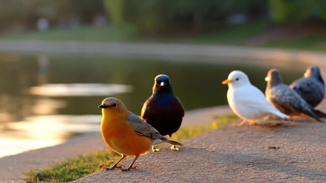 A serene natural setting captures a diverse gathering of small birds perched gracefully along a concrete embankment beside tranquil water. Bathed in the soft, warm hues of golden hour, indicative of e