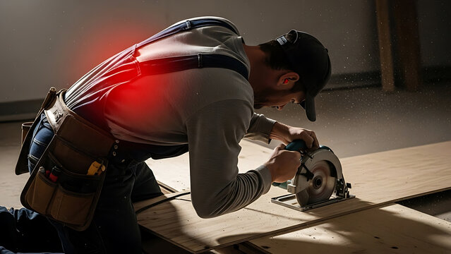 Worker with lower back pain highlighted in red, using circular saw for woodworking. Occupational injury concept.