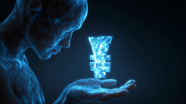 human silhouette holding holographic yen symbol glowing in hand, surreal forex trade style 