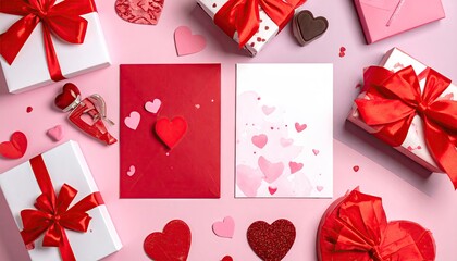 Beautiful Valentines Day Gift Boxes Cards and Hearts Arrangement.