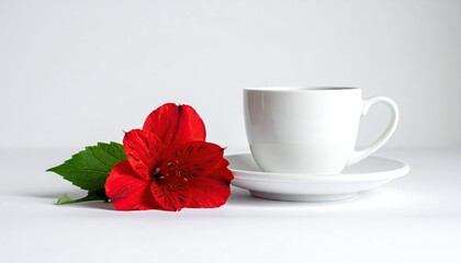 Minimalist composition of a white coffee cup and a vibrant red flower on a clean white background.