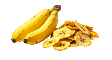 Fresh Banana and Dried Banana Chips Comparison on White Background