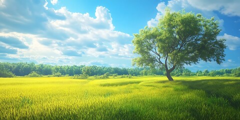 A lone tree stands in a vibrant meadow under a bright blue sky with fluffy white clouds above the field