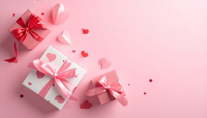 Beautiful pink gift boxes with ribbons and heart decorations on a soft pink background.