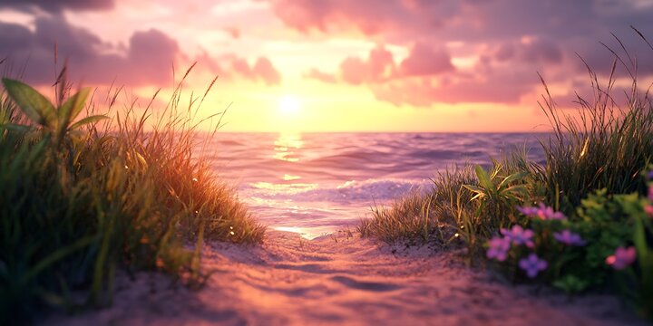 Pathway to the ocean at sunset with pink and purple clouds and grass on either side of the path - Powered by Adobe