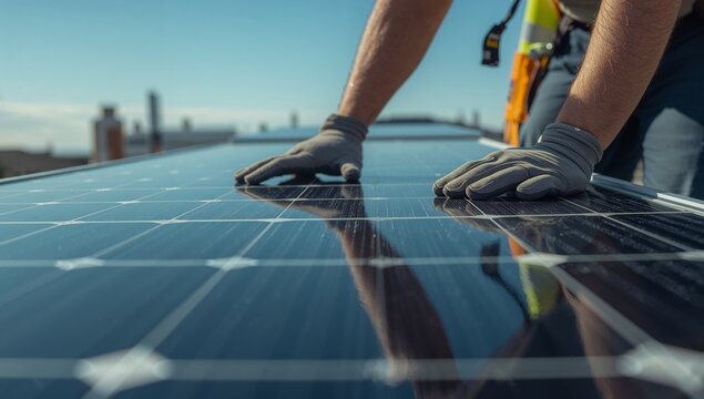 Close up of a technician wearing protective gloves carefully installing a photovoltaic solar panel array on a sunny rooftop for renewable energy production