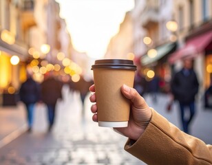 Hand holding a disposable coffee cup on a bustling city street with bokeh lights