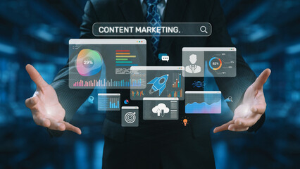 Content marketing interface with data dashboards, analytics charts, and content tools. Marketing success comes from content performance, content planning, and marketing optimization. Elide