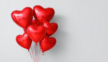 A vibrant bunch of red heart shaped balloons floating against a clean white background.