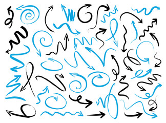 Set of black and blue drawing Arrows for presentation. Set of hand-drawn arrows for online presentations or charts