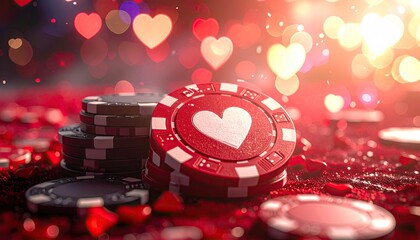 Casino chips with heart symbol illuminated by romantic bokeh lights and red confetti.