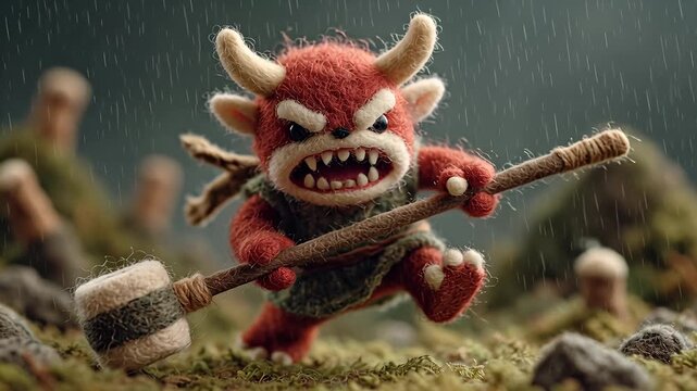 Fierce Red Horned Creature with Hammer Running Through a Fantasy Landscape.