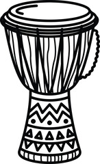 Black and white illustration of a djembe drum with tribal patterns
