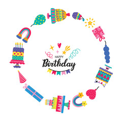 Happy Birthday wreath. Greeting card. Party decoration, gift box, cake, party. Hand drawn elements. Vector illustration. Wave.