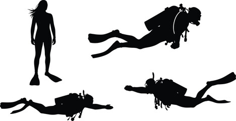 Set of scuba diver silhouettes swimming underwater, deep sea diving exploration with oxygen tank gear, cad drawing flat vector illustration