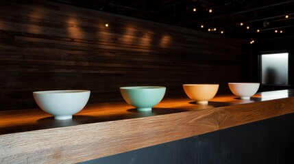 A row of four bowls sits on a wooden bar.