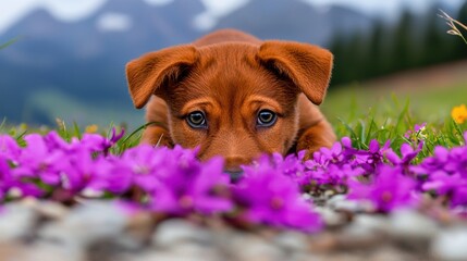 A brown puppy peeks out from a field of purple flowers.