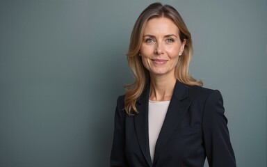 an image of a middle-aged woman in a business suit against a cool, slate gray background. High quality