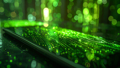 Digital Green Data Stream: An image capturing the digital essence, with glowing green data streams flowing across a sleek, black digital device, representing technology and interconnectedness. 