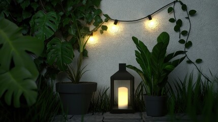 A cozy night scene with a string of warm lights, a lantern, and two potted plants.