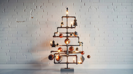 Creative industrial Christmas tree made of metal pipes, decorated with lights and ornaments. Minimal festive holiday background with copy space.