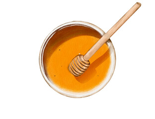 honey dripping from a wooden dipper isolated hand drawn on transparent background.