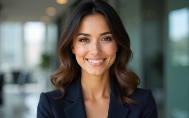 Closeup headshot face portrait of beautiful successful hispanic young business woman looking confident at camera. Smiling latin or eastern middle age female ceo leader businesswoman standing in office