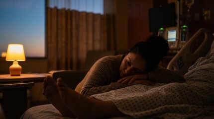 Sad Woman Leaning on Hospital Bed with Patient, Emotional Grief and Support in Healthcare Setting, Loneliness and Mental Health Concept