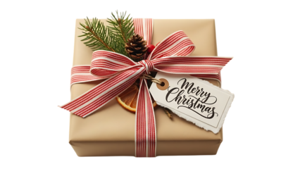 Christmas gift box with red white striped ribbon and pine