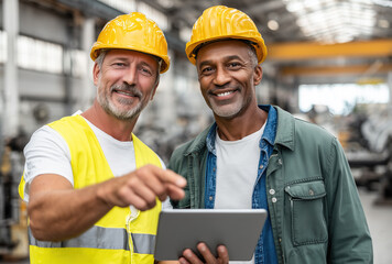 Two construction workers with hard hats smiling and looking at a tablet in a workshop in the daytime