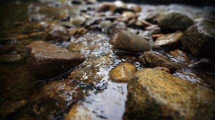pebble. Smooth river stones polished by water flow, showing natural erosion patterns in a shallow stream. travel magazines, destination branding, designed for travel destination branding.