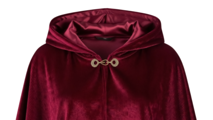 Elegant burgundy velvet cape with hood isolated PNG, luxurious medieval cloak for costume party and theatrical performances