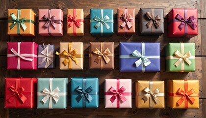 Assortment of colorful gift boxes tied with ribbons arranged on a rustic wooden surface.