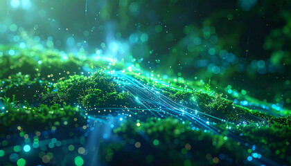 Abstract Forest of Glowing Lines: A surreal macro view of a lush green mossy landscape interwoven with glowing lines, evoking the beauty of digital nature.