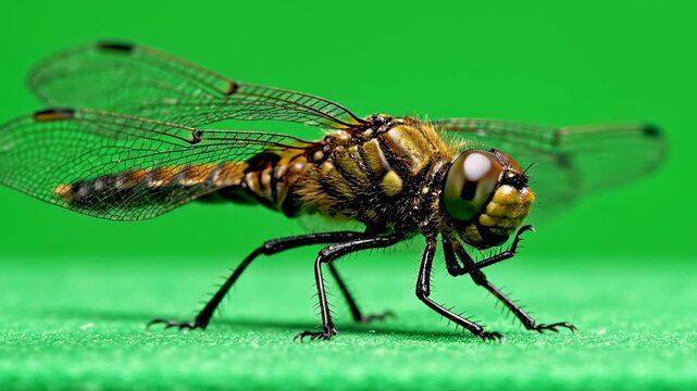 Vibrant macro shot of a dragonfly on a textured green background, emphasizing detailed structure