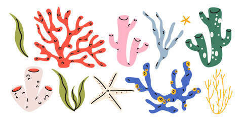Exotic underwater reef flora cartoon stickers in retro doodle style. Sea corals, under sea plants, seaweed, shells. Bright groovy ocean elements and shapes. Vector illustration © luamor